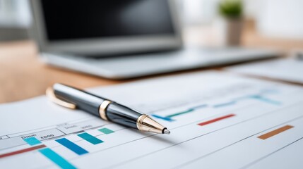 Project timeline chart is displayed on a clean desk featuring a sleek fountain pen, while a blurred laptop adds a modern touch in the background