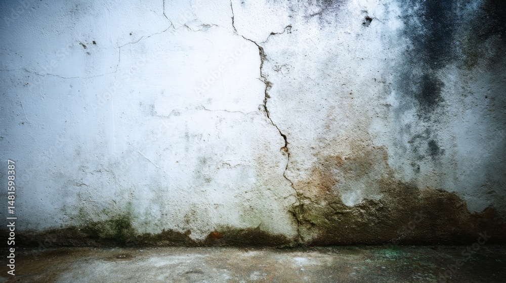 Poster exploring the intricate details of a flat raw concrete wall featuring noticeable cracks and tonal va