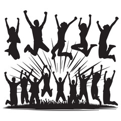Simple black and white editable vector silhouette of people cheering happily