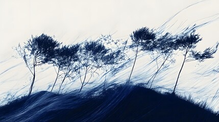 Obraz premium Silhouette trees on a windswept hill in shades of blue.