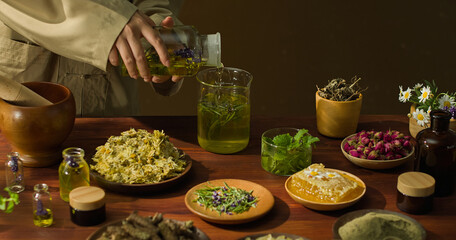 Herbalist pours essential oil distilled into a beaker for preparation. Rosemary sprigs float on the surface of the oil. Dried yellow chrysanthemums flowers, wilted rose buds and other herbs.