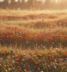 Abstract autumn meadow bathed in soft sunrise light; blurred, dreamy effect ,  sunrise,  magical,  texture