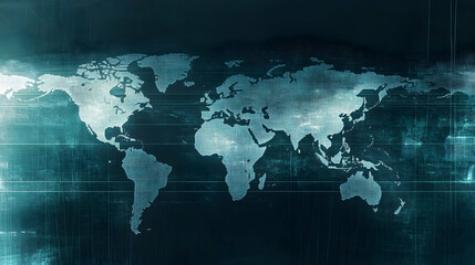 Obraz premium A digital world map with glowing continents against a dark blue background.