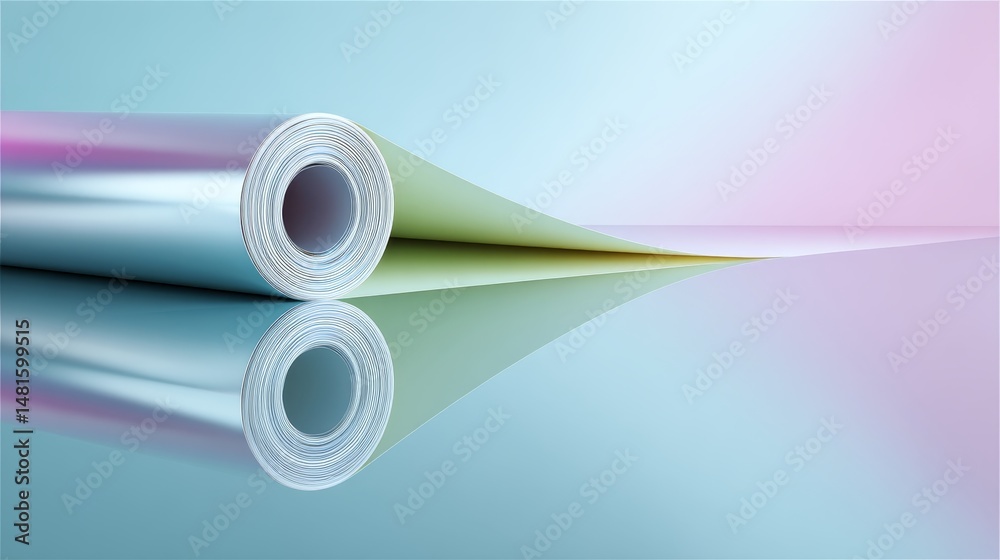 Poster a coil of metallic foil is partially unrolled on a smooth surface, showcasing stunning reflections o