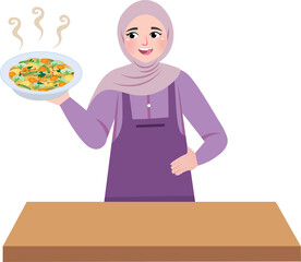 Illustration of a hijab-wearing girl learning to cook at home