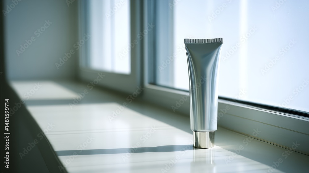 Poster Minimalist close-up of a gray tube resting on a polished white surface, illuminated by soft natural light that enhances its clean design for skincare mockups