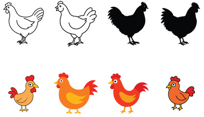 Chicken Illustrations Line Art Silhouettes and Colorful Designs