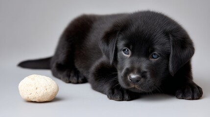 Close-up of a curious black puppy inspecting a small object with a head tilt, featuring a soft focus background that emphasizes its innocence and attentiveness
