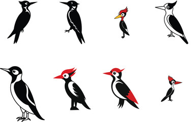 Obraz premium Collection of Black and Red Woodpecker Bird Silhouettes
