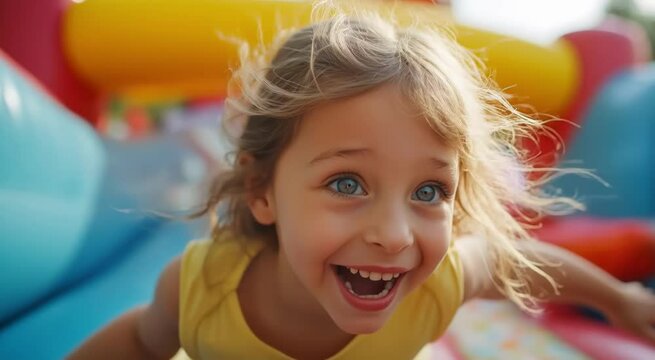 Happy Girl Jumping on Inflatable Castle with Colorful Background
