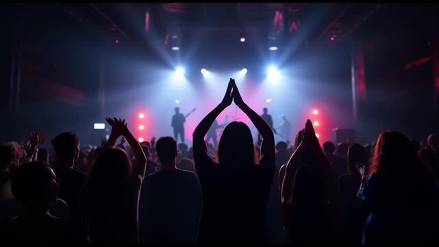 Rear back view of audience crowd people fans raising hands enjoying live music festival concert event rock band silhouettes performance sing on night club outdoor stage. 4k video blurred effect