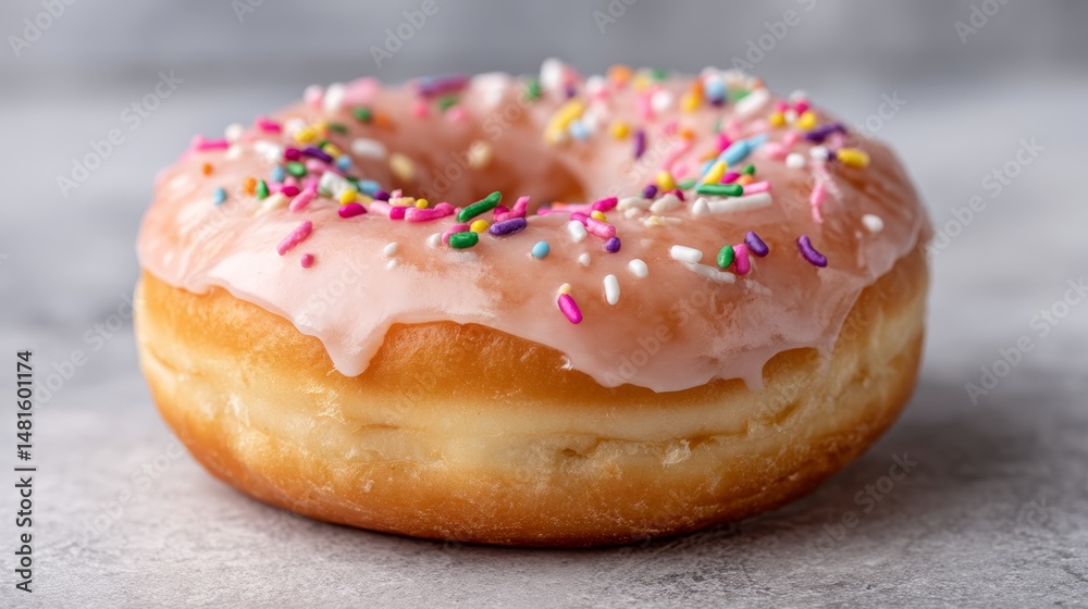 Poster a delicious pink-glazed donut with vibrant sprinkles sits centered on a soft, neutral surface, showc