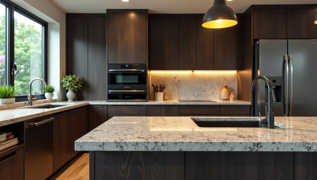 Sleek granite countertop kitchen, modern design Gleaming surface, stylish backsplash , contemporary, faucet, texture
