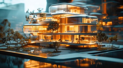 A futuristic real estate agency showcasing properties using holographic models 