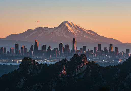 City skyline sunrise mountain view - Powered by Adobe