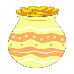 A festive illustration celebrating Akshaya Tritiya, featuring a decorative pot overflowing with shimmering gold coins, flanked by stacked coins, blooming lotus flowers, and glowing oil lamps