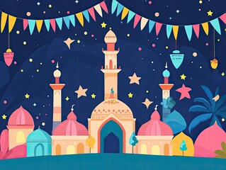 Festive night cityscape of colorful islamic buildings.