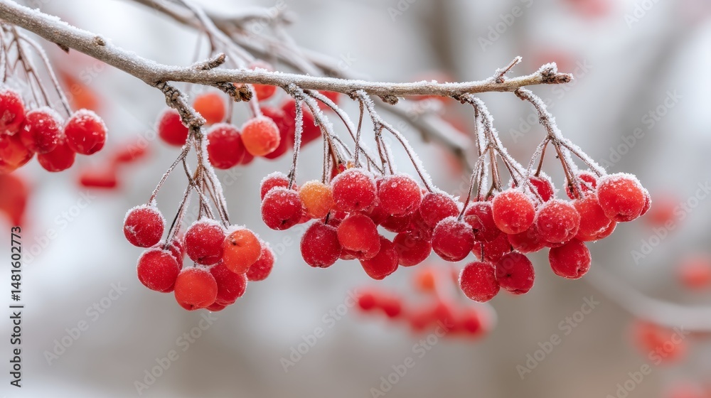 Poster bright red berries coated in snow are delicately displayed on a thin branch against a softly blurred