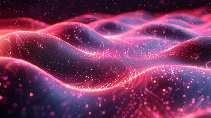 Obraz premium Abstract, glowing, digital waves of pink and purple, dotted textures.