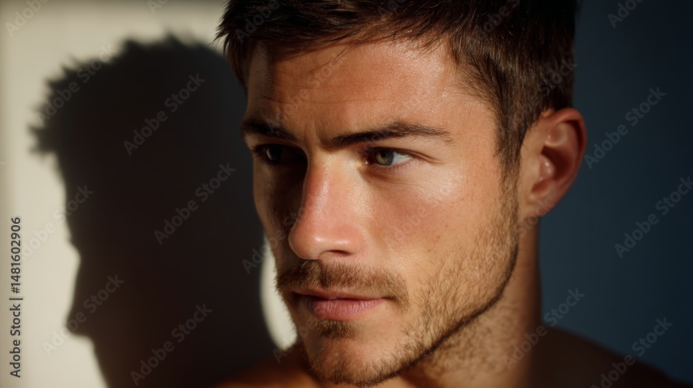 Aufkleber A man gazes thoughtfully, illuminated by warm golden-hour light. Soft shadows enhance his features, creating an atmosphere of calm reflection