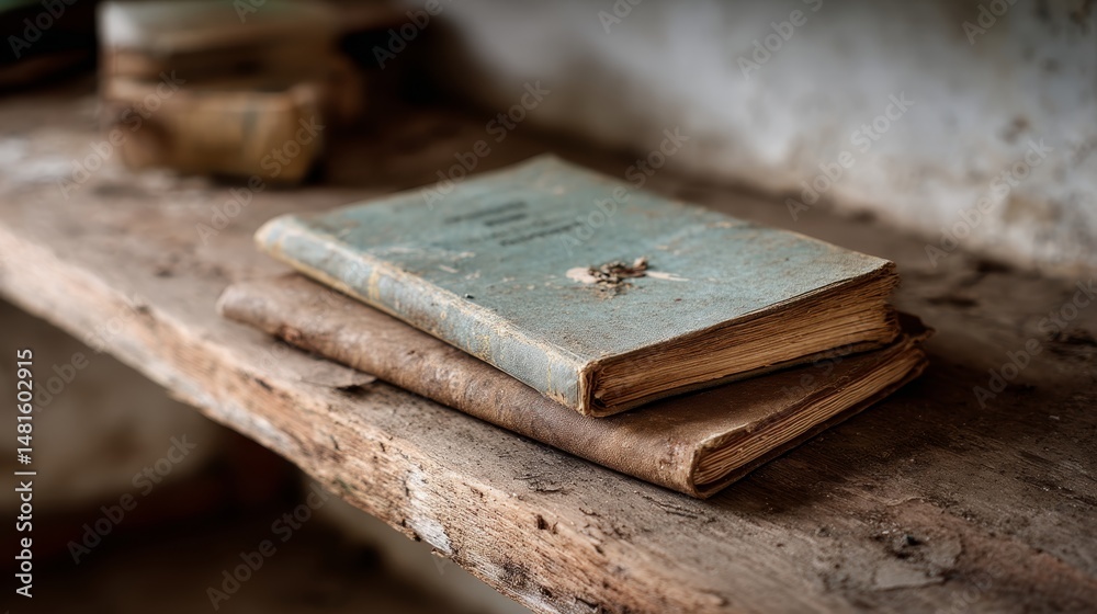 Poster aged and tattered books rest unevenly on a wooden shelf, softly illuminated by the warm, golden hour