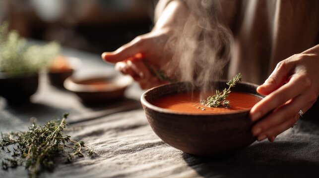 Close-up of a handcrafted clay bowl filled with steaming vegetable soup, garnished with fresh herbs in a cozy, rustic kitchen atmosphere