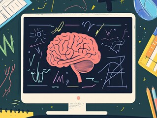 A stylized illustration of a brain on a computer screen, surrounded by scholastic elements.