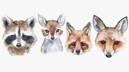 Obraz premium Watercolor animal portraits. Four adorable forest creatures
