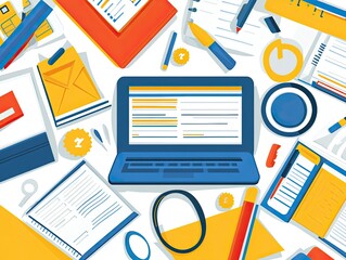 Colorful graphic representation of a cluttered workspace with a laptop.
