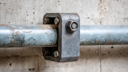 Close-up view reveals aging industrial metal pipes with noticeable wear and flaking paint, connected securely by sturdy clamps against a gritty concrete wall