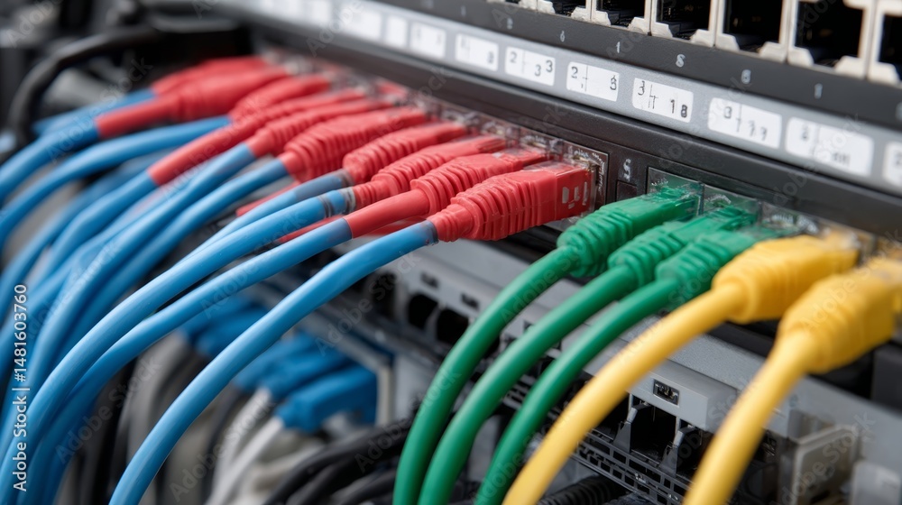 Poster colorful fiber optic cables are plugged into a network switch, highlighting the essential infrastruc