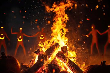 Halloween night bonfire with ghostly figures.