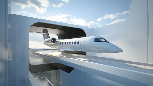 Modern jet traversing a futuristic transport system.