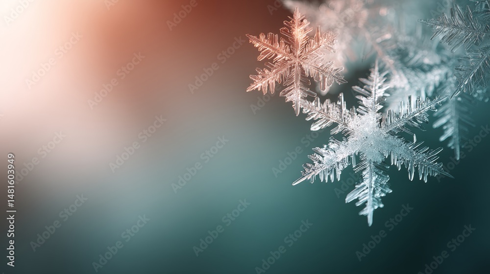 Poster close-up view of snowflakes gracefully falling in soft focus, set against a calming gradient of teal
