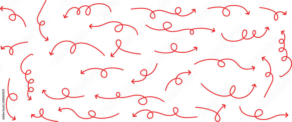 Aufkleber set of thin line red curve arrow. hand drawn direction arrow vector illustration.