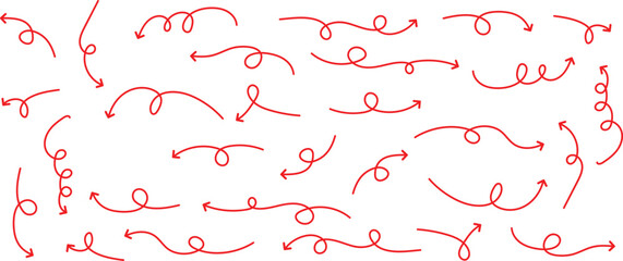 set of thin line red curve arrow. hand drawn direction arrow vector illustration.