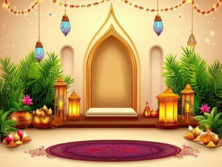 Festive archway scene with decorative lanterns and garlands.