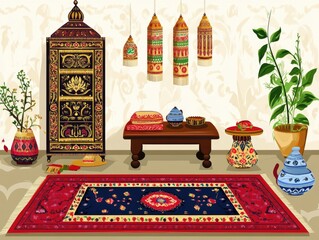 Ornate interior scene, showcasing traditional decor.