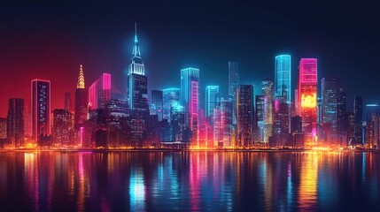 Obraz premium A cyberpunk skyline featuring neon holographic building designs