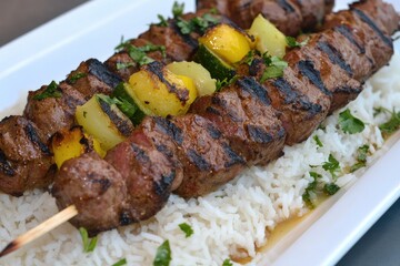 Grilled lamb and summer vegetable skewers over rice.