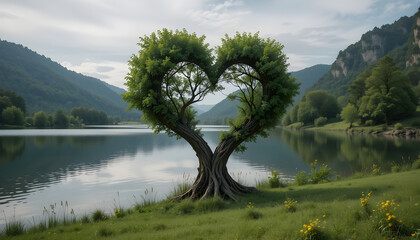 Heart Shaped Tree by Calm Lake in Serene Natural Scenery