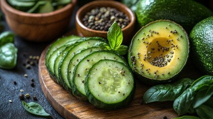 Fresh Green Abundance: Sliced Cucumber and Avocado with Basil and Peppercorns on Wooden Board