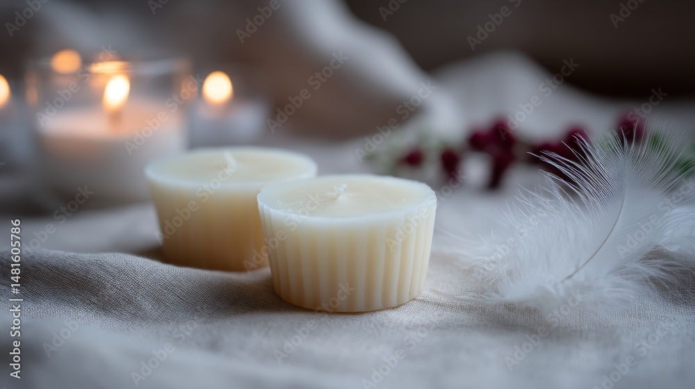 Aufkleber two scented wax melts rest next to a delicate feather, arranged on a linen cloth, emitting a soft gl