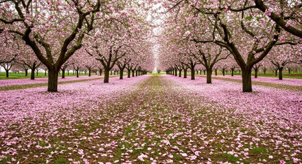 Beautiful Blossoming Orchard Trees Adorned with Delicate Pink and White Petals Falling to the Ground