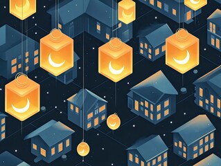 Illuminated houses in a stylized night cityscape, adorned with lanterns.