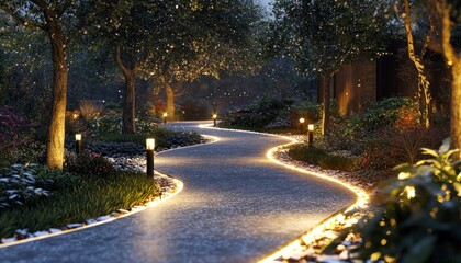 A serene, illuminated pathway with heated pavers and lush landscaping 2. Generative AI