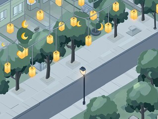 Isometric view of a residential street at night, adorned with string lights.