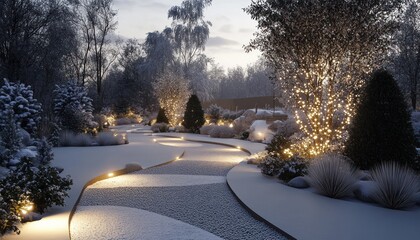 A serene, illuminated pathway with heated pavers and lush landscaping 1. Generative AI