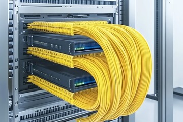 Network cables cascading from server racks