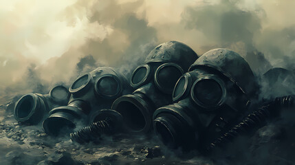 Pile of abandoned gas masks and helmets in a trench, smoke rising, evoking wartime memories. shadowed echo. illustration. [Cryptosea Trench] | Deepline Pulse | trench echo. Illustration